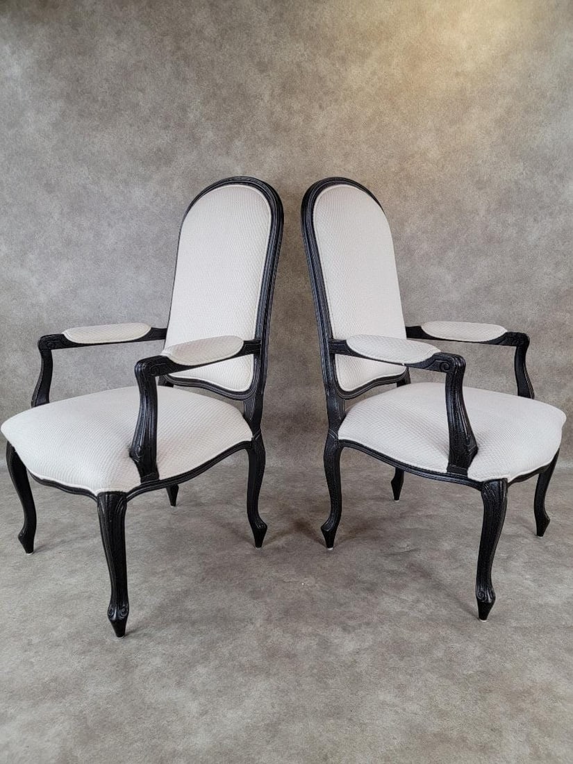 Vintage Contemporary Distressed Ebonized High Back Upholstered Armchairs - Pair - 6