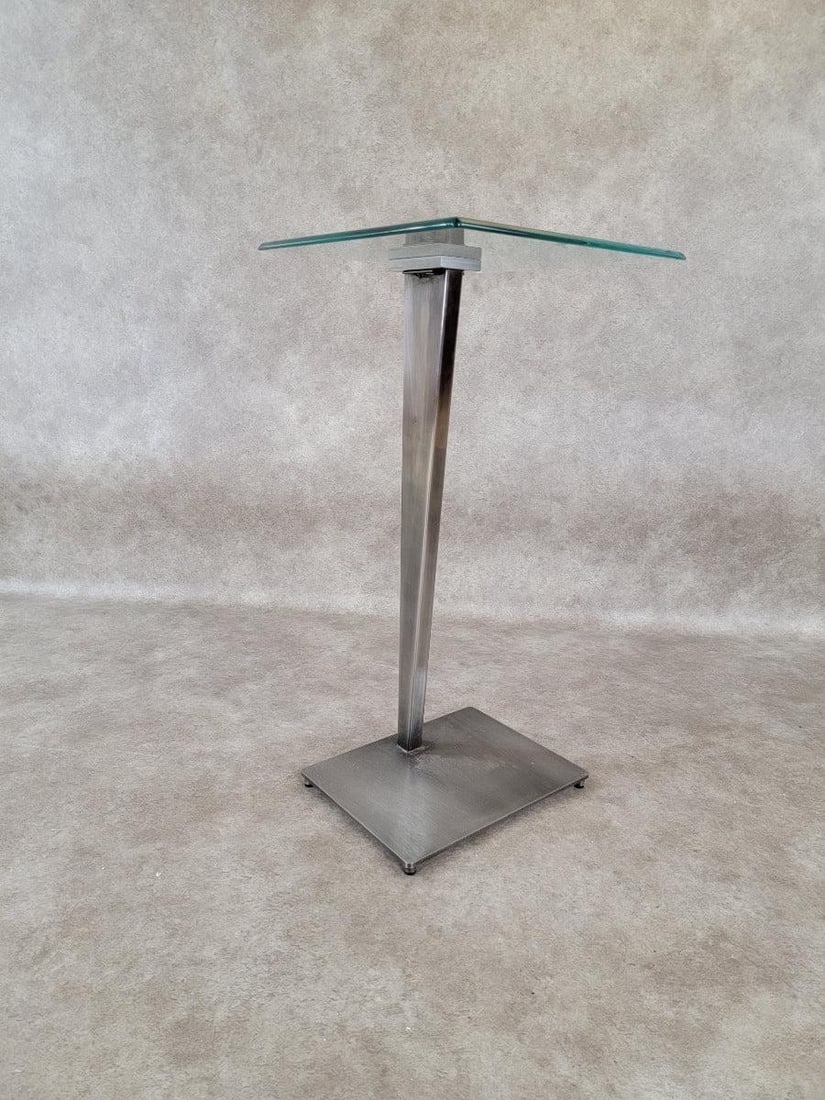 Vintage Modern Glass Top Metal Pedestal Base Cocktail Table - 5