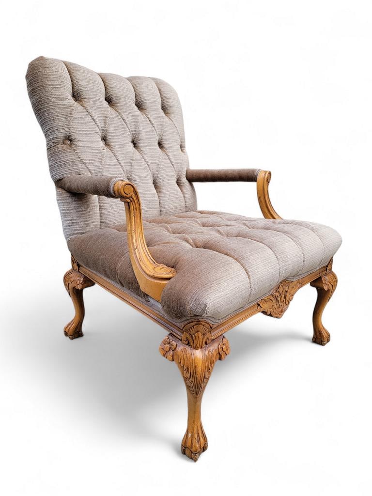 Vintage French Louis XV Style Fauteuil Tufted Armchair & Ottoman Newly Reupholstered in Mohair - 2