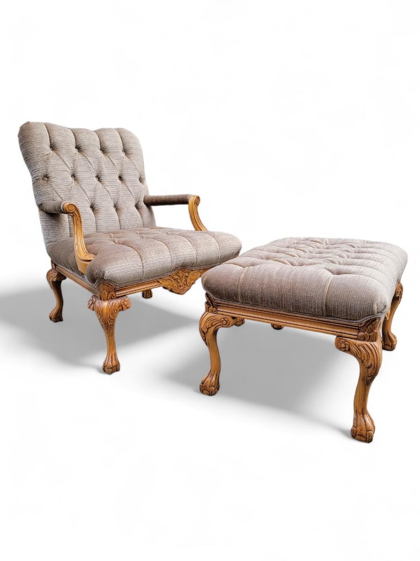Vintage French Louis XV Style Fauteuil Tufted Armchair & Ottoman Newly Reupholstered in Mohair - 6
