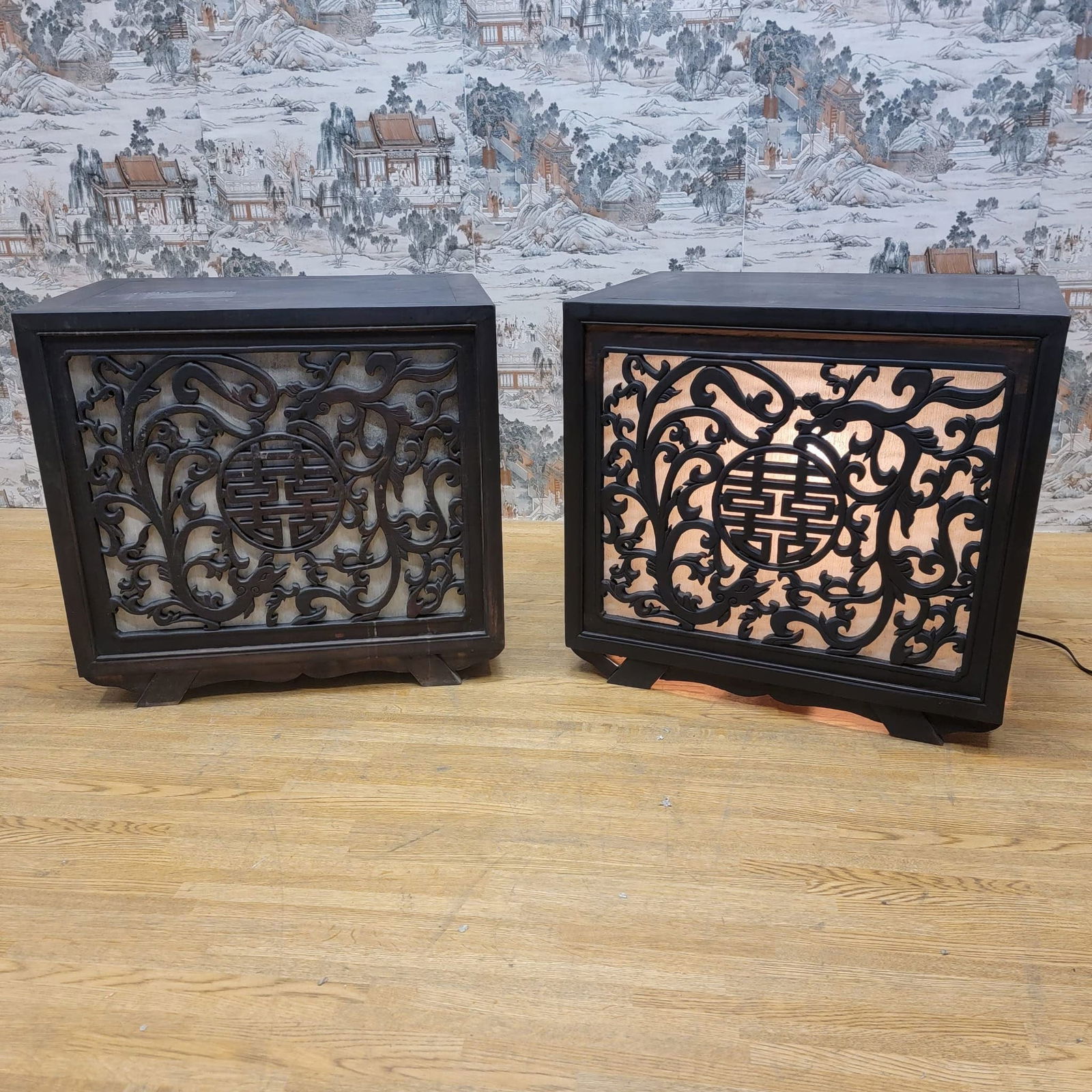 Vintage Chinese Carved Elm Side Tables with Light - Pair: Title: Vintage Chinese Carved Elm Side Tables with Light - Pair Description: Vintage Chinese Carved Decorative Elm Side Tables with Light - Pair These vintage chinese carved elm side tables have a rem