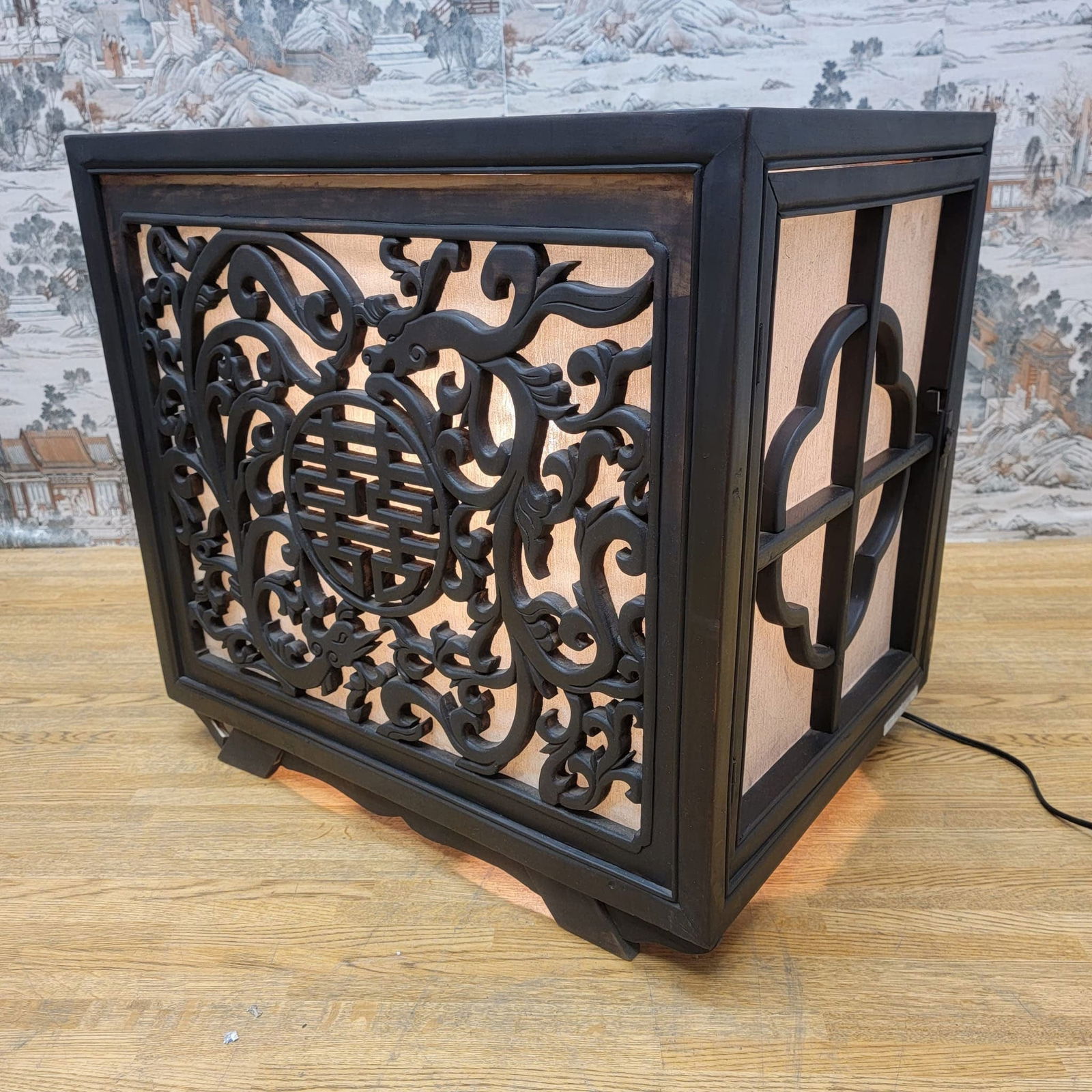 Vintage Chinese Carved Elm Side Tables with Light - Pair - 3