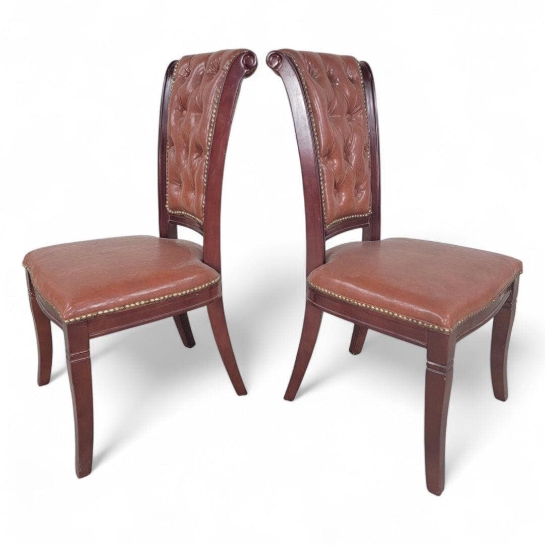 Vintage Italian Mahogany Scroll Back Tufted Leather Side Chairs with Nailhead Trim, Pair - 2