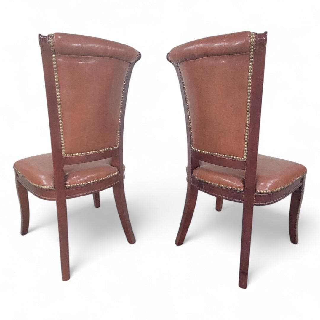 Vintage Italian Mahogany Scroll Back Tufted Leather Side Chairs with Nailhead Trim, Pair - 3
