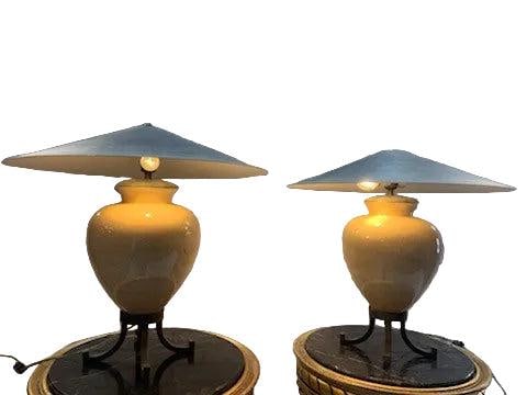 Vintage Karl Springer Style Ceramic Table Lamps With Metal Shades - Pair - 3