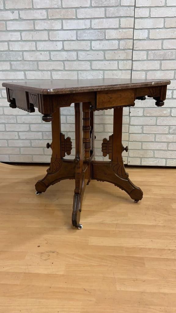 Antique Victorian Eastlake Style Carved Marble Top Parlor Lamp/Accent Table - 7