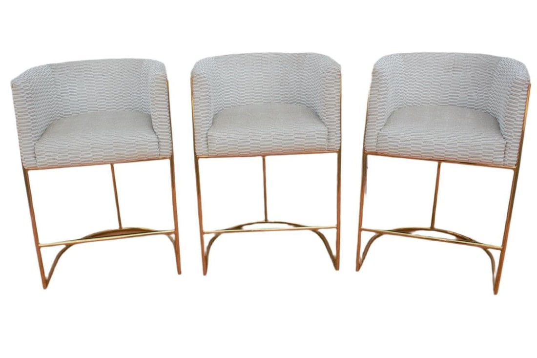Mid Century Modern Barrel Back Bar Stools Newly Reupholstered - Set of 3: Title: Mid Century Modern Barrel Back Bar Stools Newly Reupholstered - Set of 3 Description: *** , Mid Century Modern Custom Designer Barrel Back Bar Stools on Brass Bases Newly Reupholstered in High
