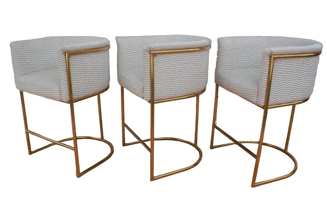 Mid Century Modern Barrel Back Bar Stools Newly Reupholstered - Set of 3 - 2
