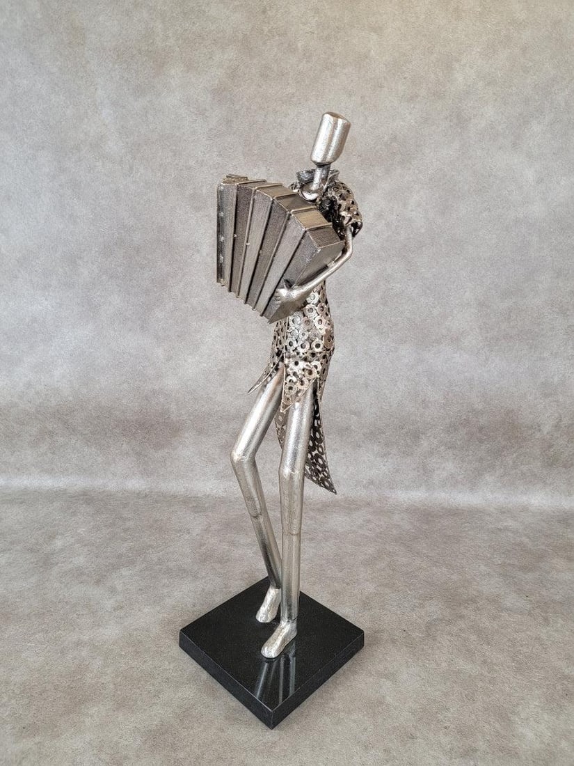 Vintage Metal Art Organ Player Statue on Black Base - 2