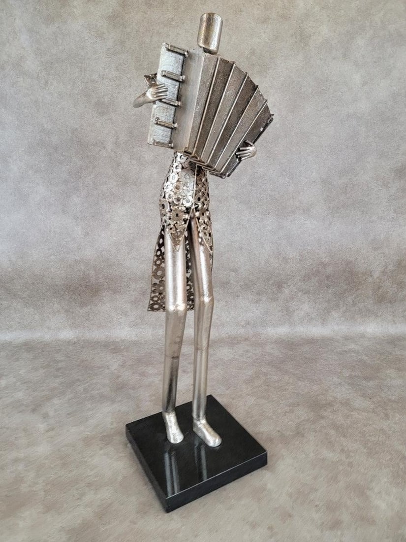 Vintage Metal Art Organ Player Statue on Black Base - 3