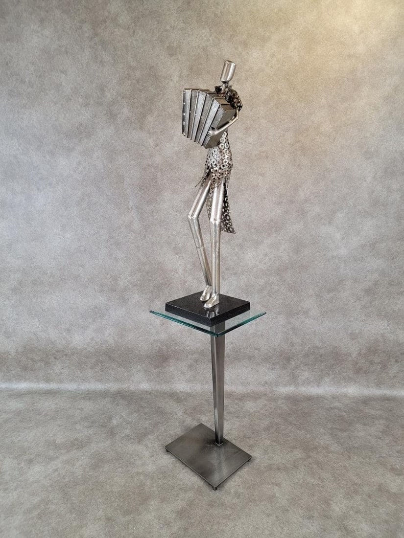 Vintage Metal Art Organ Player Statue on Black Base - 4