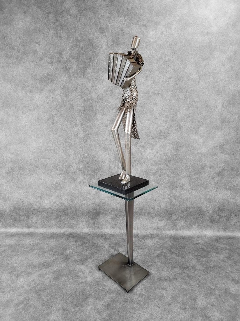 Vintage Metal Art Organ Player Statue on Black Base - 5