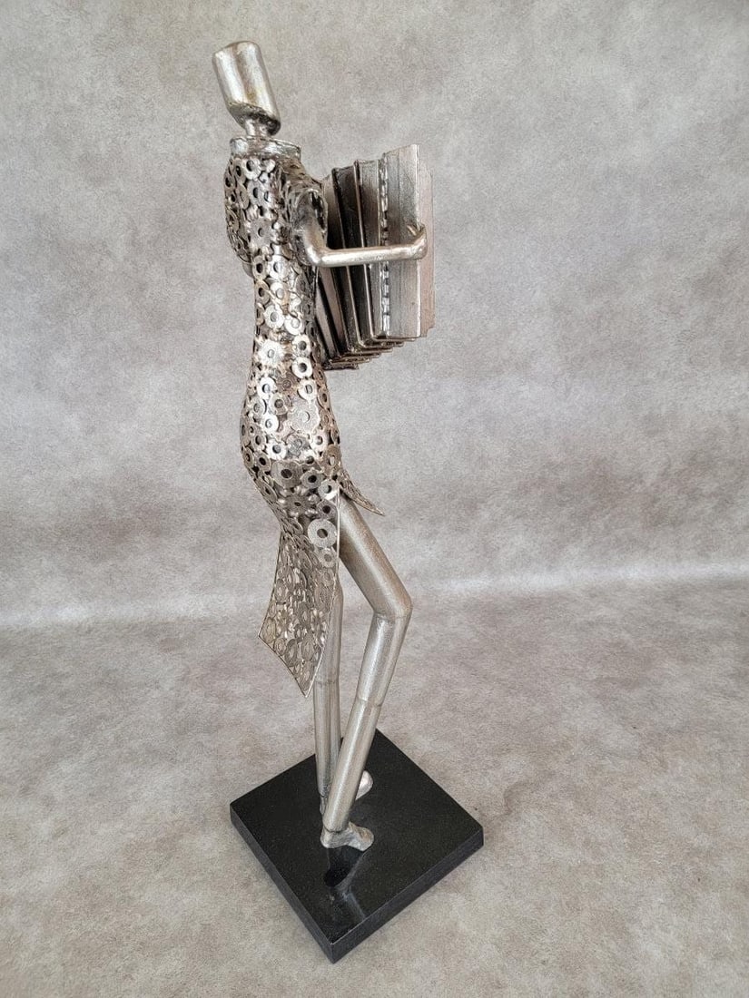 Vintage Metal Art Organ Player Statue on Black Base - 6