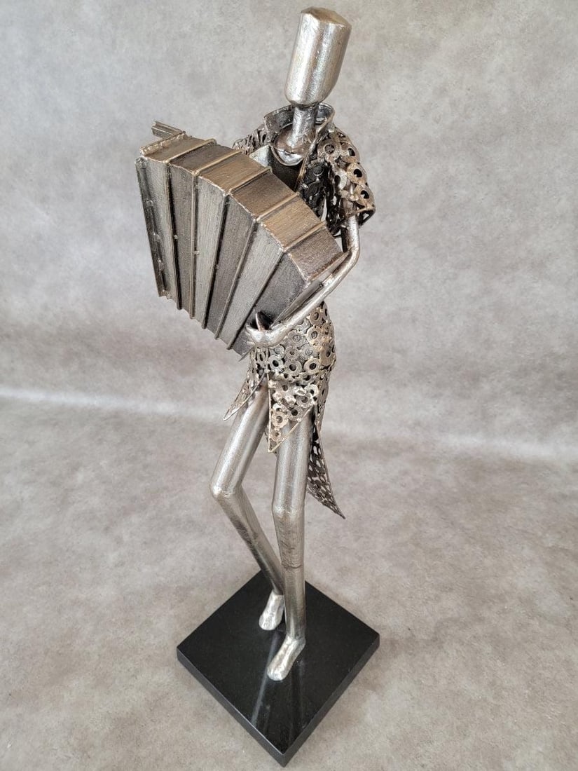 Vintage Metal Art Organ Player Statue on Black Base - 7