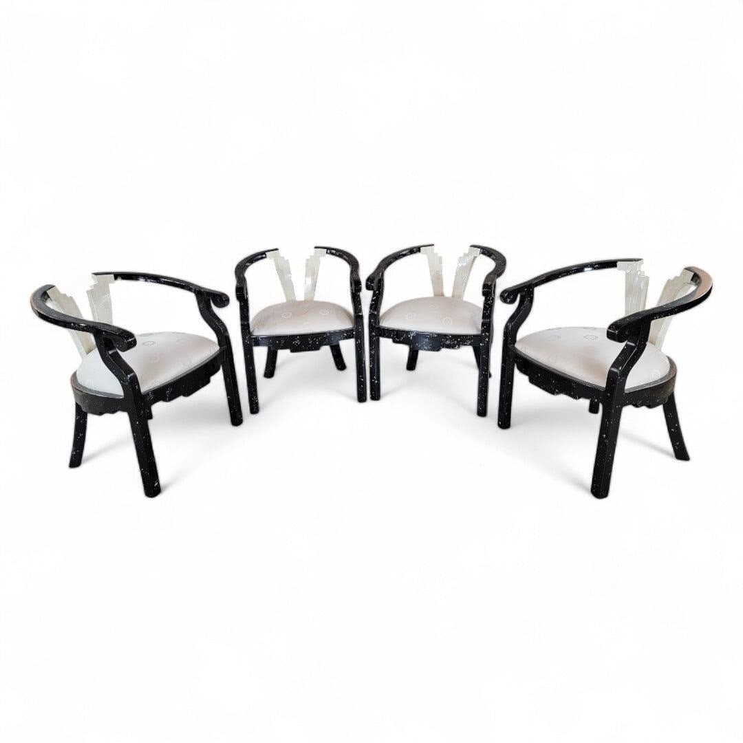 Postmodern Sculptural Tessellated Stone Dining Chairs - 6: Title: Postmodern Sculptural Tessellated Stone Dining Chairs - 6 Description: Vintage Postmodern Maitland Smith Style Sculptural Tessellated Stone and Mother of Pearl Inlay Lacquer Armchairs - Set