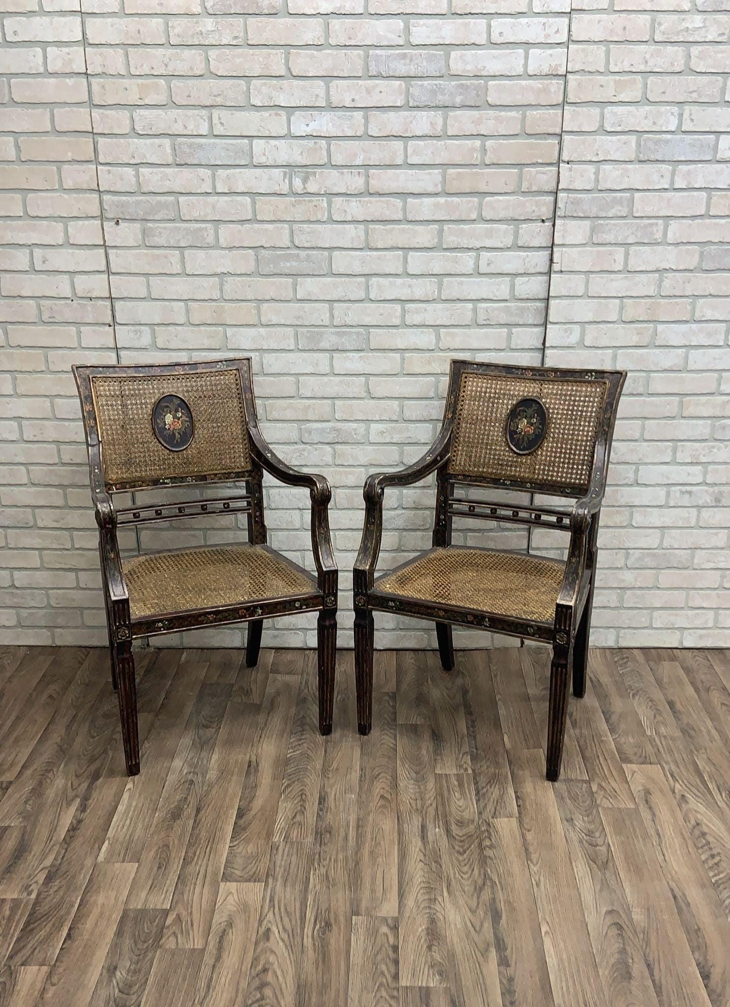 Antique English Regency Hand Painted Cane Back Medallion Chairs - Pair - 2