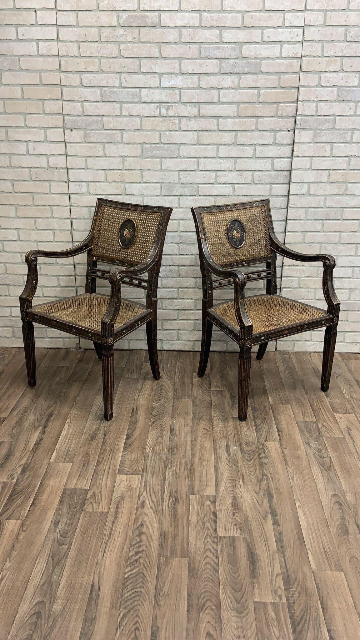 Antique English Regency Hand Painted Cane Back Medallion Chairs - Pair - 3