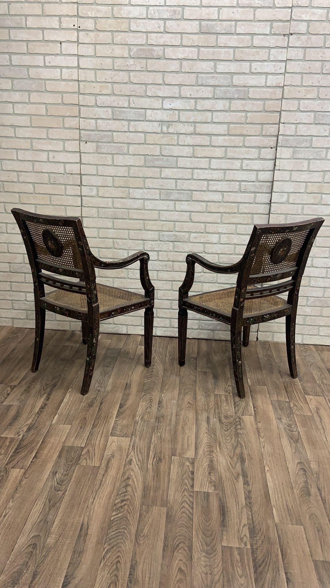 Antique English Regency Hand Painted Cane Back Medallion Chairs - Pair - 4