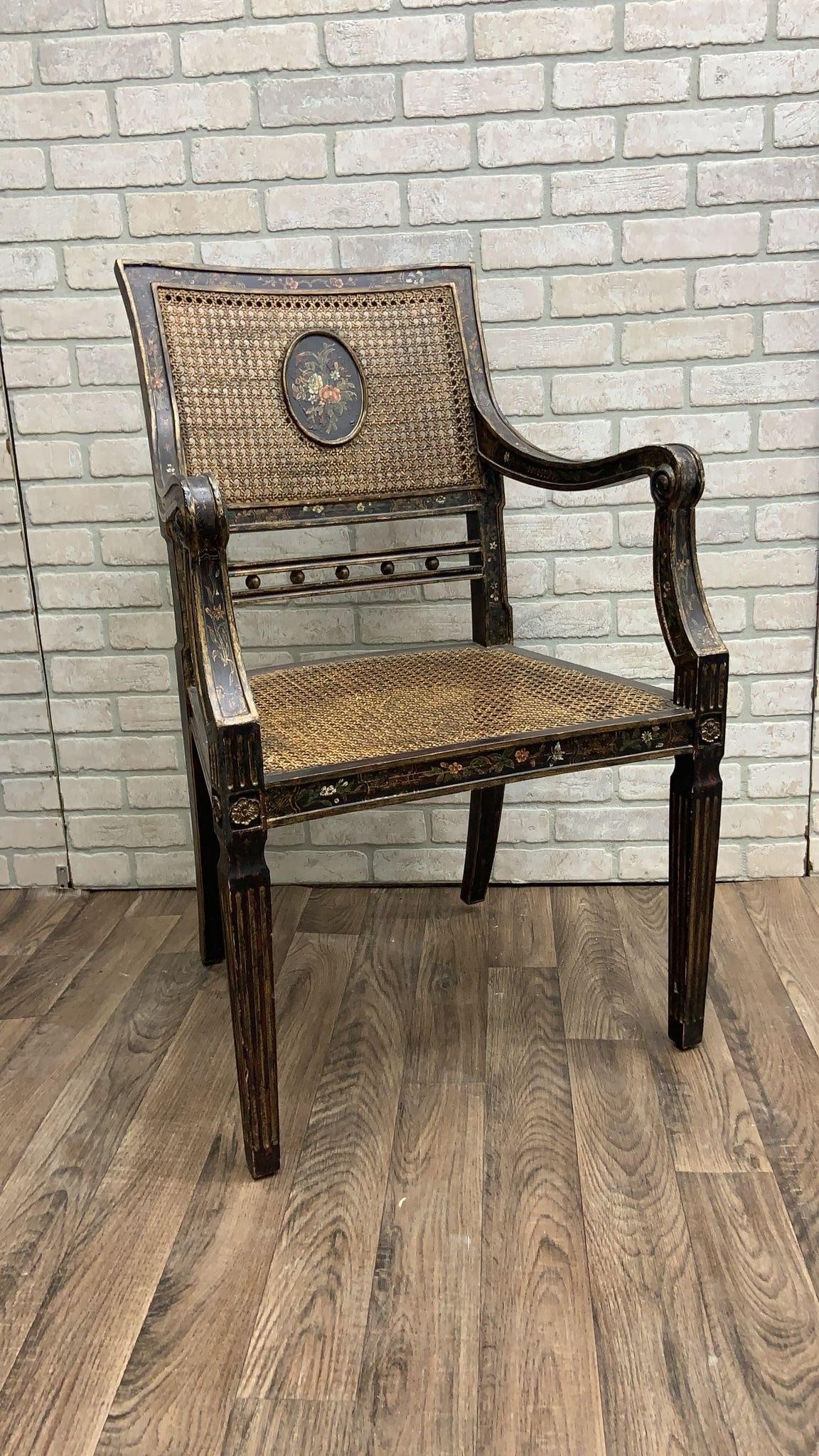 Antique English Regency Hand Painted Cane Back Medallion Chairs - Pair - 6