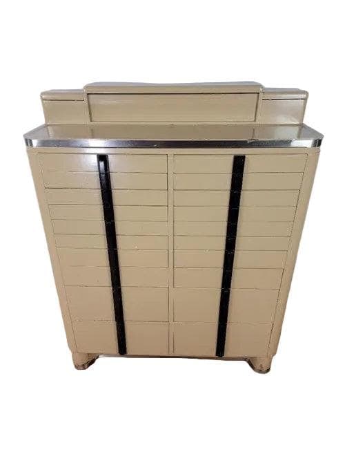 Art Deco Industrial Dental Storage Cabinet: Title: Art Deco Industrial Dental Storage Cabinet Description: Vintage Art Deco Industrial Metal Dental Storage Cabinet The American Cabinet Company Art Deco 18-Drawer Cream Enameled Dental Office