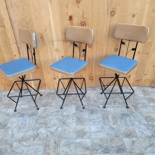 Vintage Retro Swivel Bar Stools - Set of 3: Title: Vintage Retro Swivel Bar Stools - Set of 3 Description: Vintage Retro Swivel Bar Stools - Set of 3 Cool vintage blue/tan bar stools with sculptural iron frames, leaf and stem back accents.