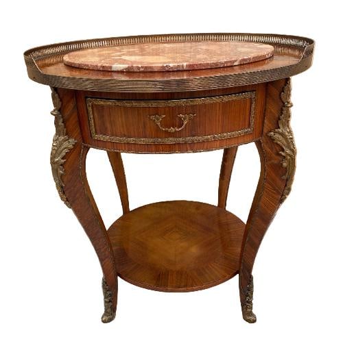 Antique Italian Louis XVI Style Occasional Table: Title: Antique Italian Louis XVI Style Occasional Table Description: Antique Italian Louis XVI Style Bronze Ormolu Mounted Trim and Top Gallery with Inlaid Marble Top Cocktail/Occasional Table