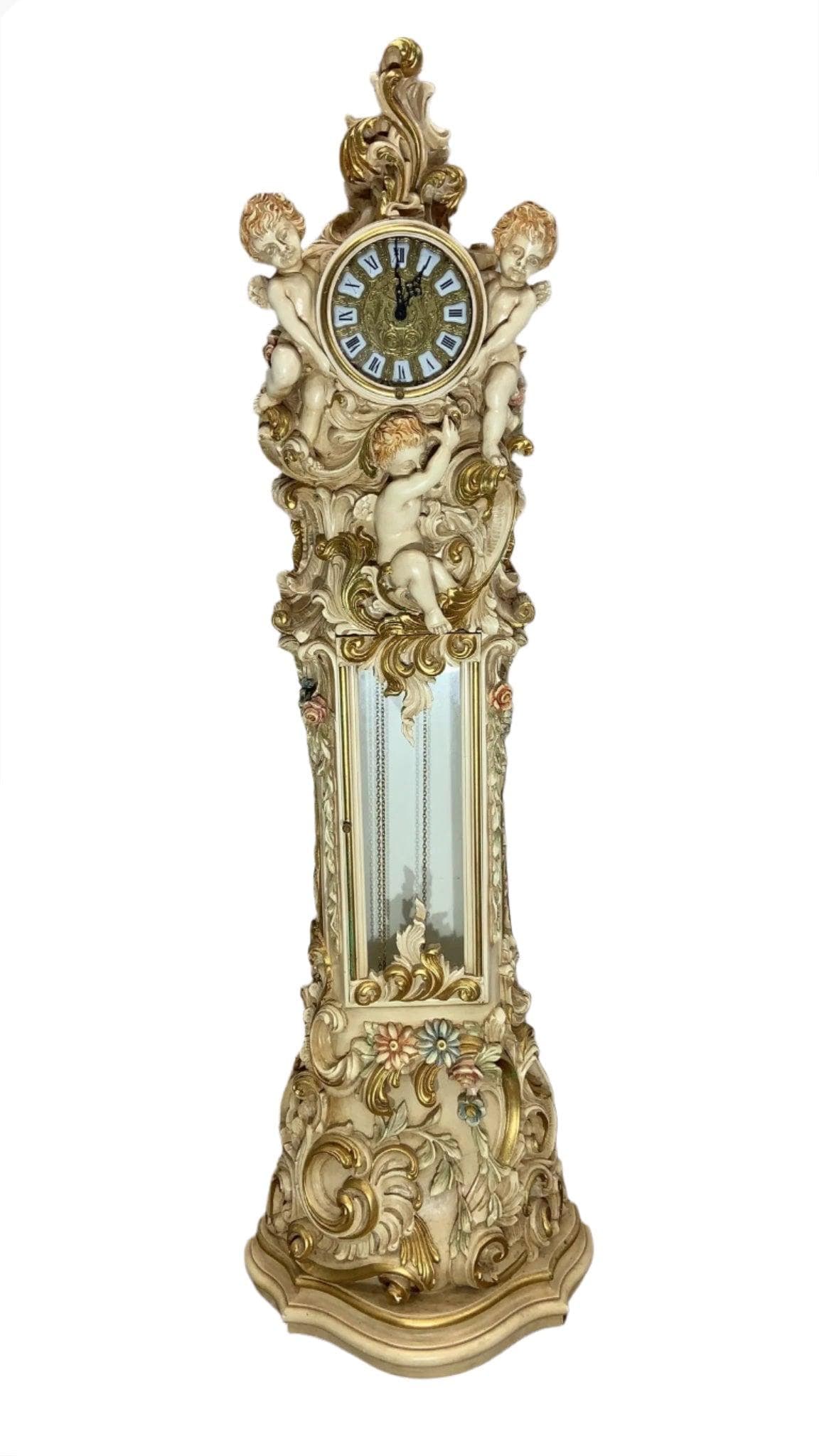 Vintage Italian Rococo Figural Grandfathers Clock: Title: Vintage Italian Rococo Figural Grandfathers Clock Description: Vintage Italian Rococo Hand Carved and Painted Cherub/Angel Grandfathers Clock Featuring an Italian Rococo style hand carved and
