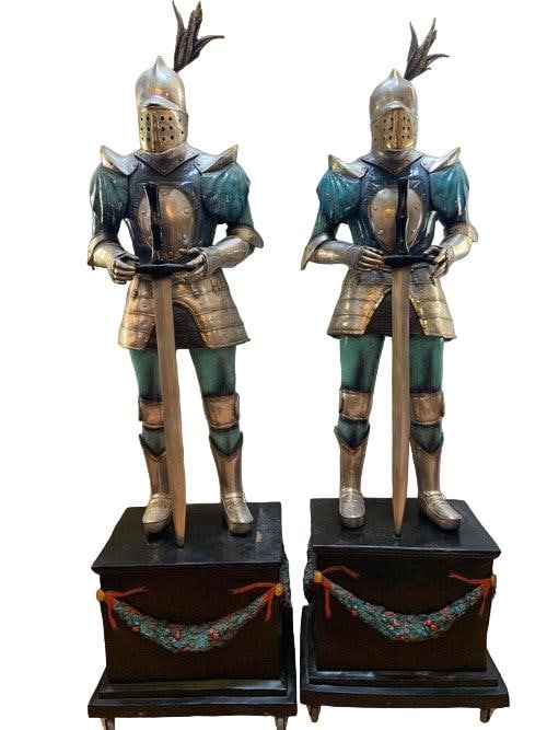 Vintage Life-Size Medieval Bronze Knight Statues ? Pair: Title: Vintage Life-Size Medieval Bronze Knight Statues – Pair Description: Vintage Life Size Medieval Bronze Knight Statues with Sword on Mounted Bronze Stands - Pair Introduce a touch of