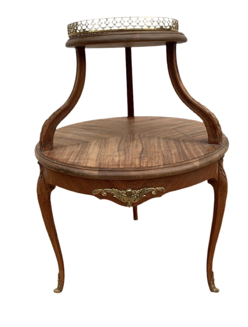 Antique French Louis Style Round Two Tier Side Accent Table: Title: Antique French Louis Style Round Two Tier Side Accent Table Description: Antique French Louis XV Style Two Tier Etagere with Gallery Rail Table This elegant Antique French Louis XV style two-ti