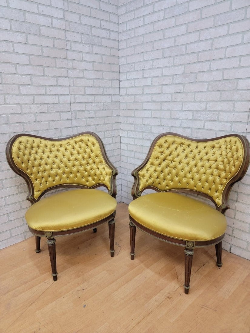 Hollywood Regency Grosfeld House Asymmetrical Tufted Boudoir Chairs - Pair: Title: Hollywood Regency Grosfeld House Asymmetrical Tufted Boudoir Chairs - Pair Description: Hollywood Regency Grosfeld House Asymmetrical Tufted Boudoir Chairs in Golden-Mustard Colored Silk -