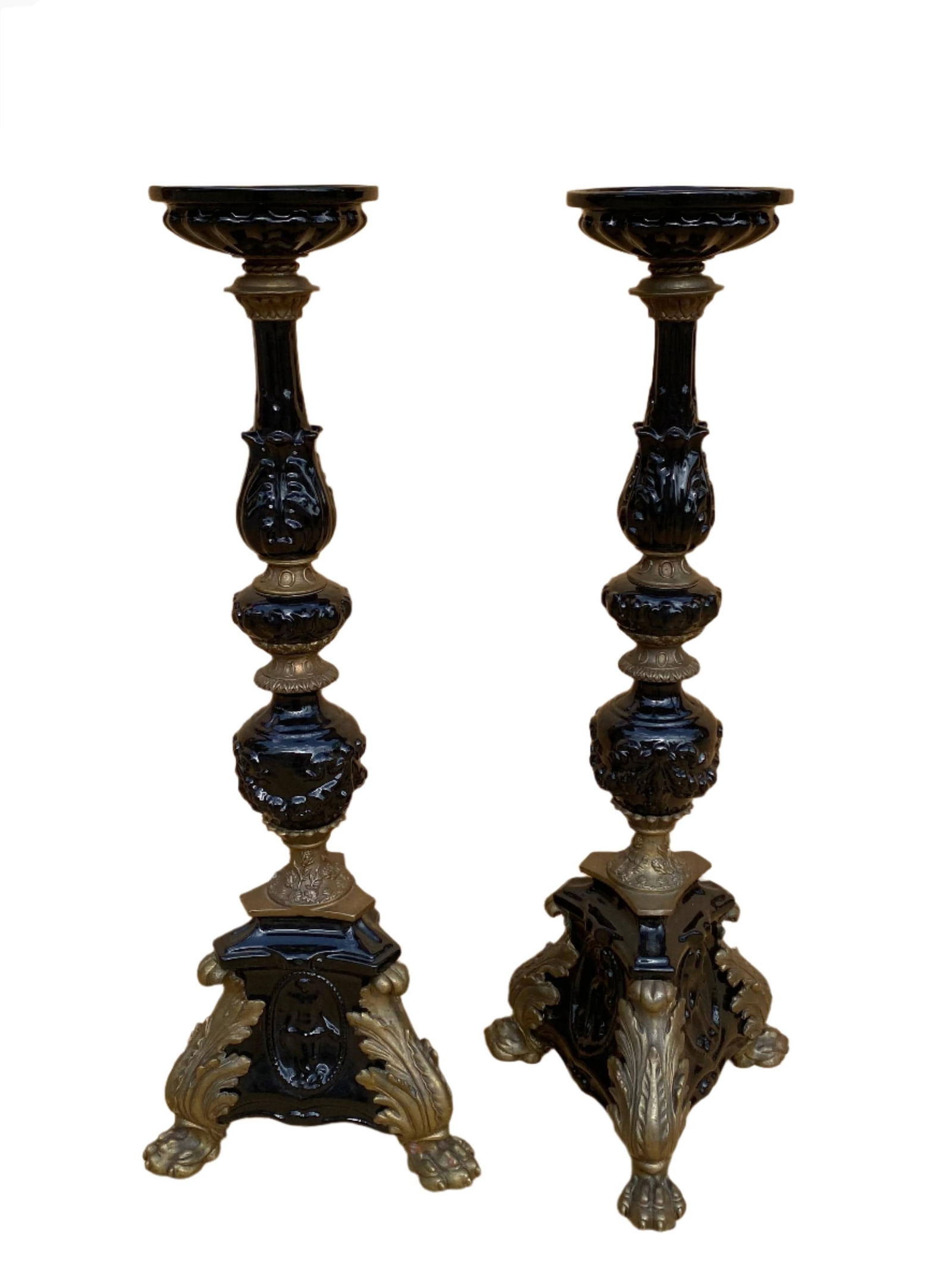 Vintage French Neogothic Altar Torch?re Black Porcelain Candlestick Set: Title: Vintage French Neogothic Altar Torchère Black Porcelain Candlestick Set Description: Vintage French Neo-gothic Altar Torchère Candlestick Set with Black Porcelain These matching