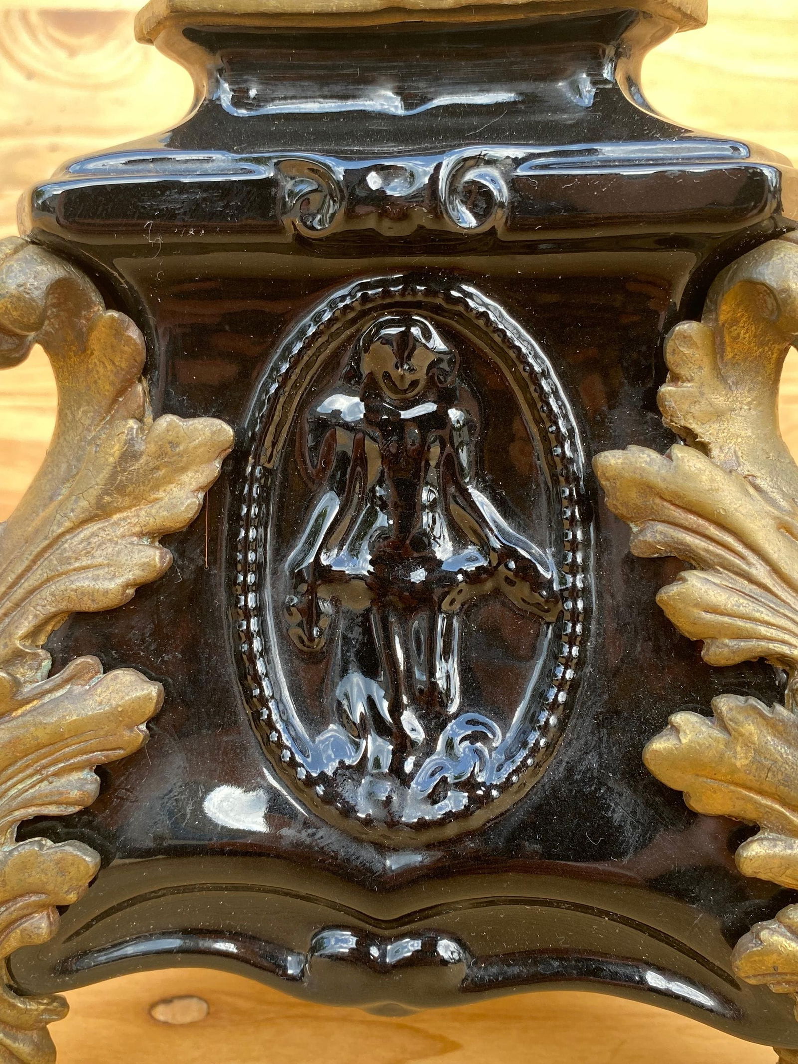 Vintage French Neogothic Altar Torch?re Black Porcelain Candlestick Set - 3