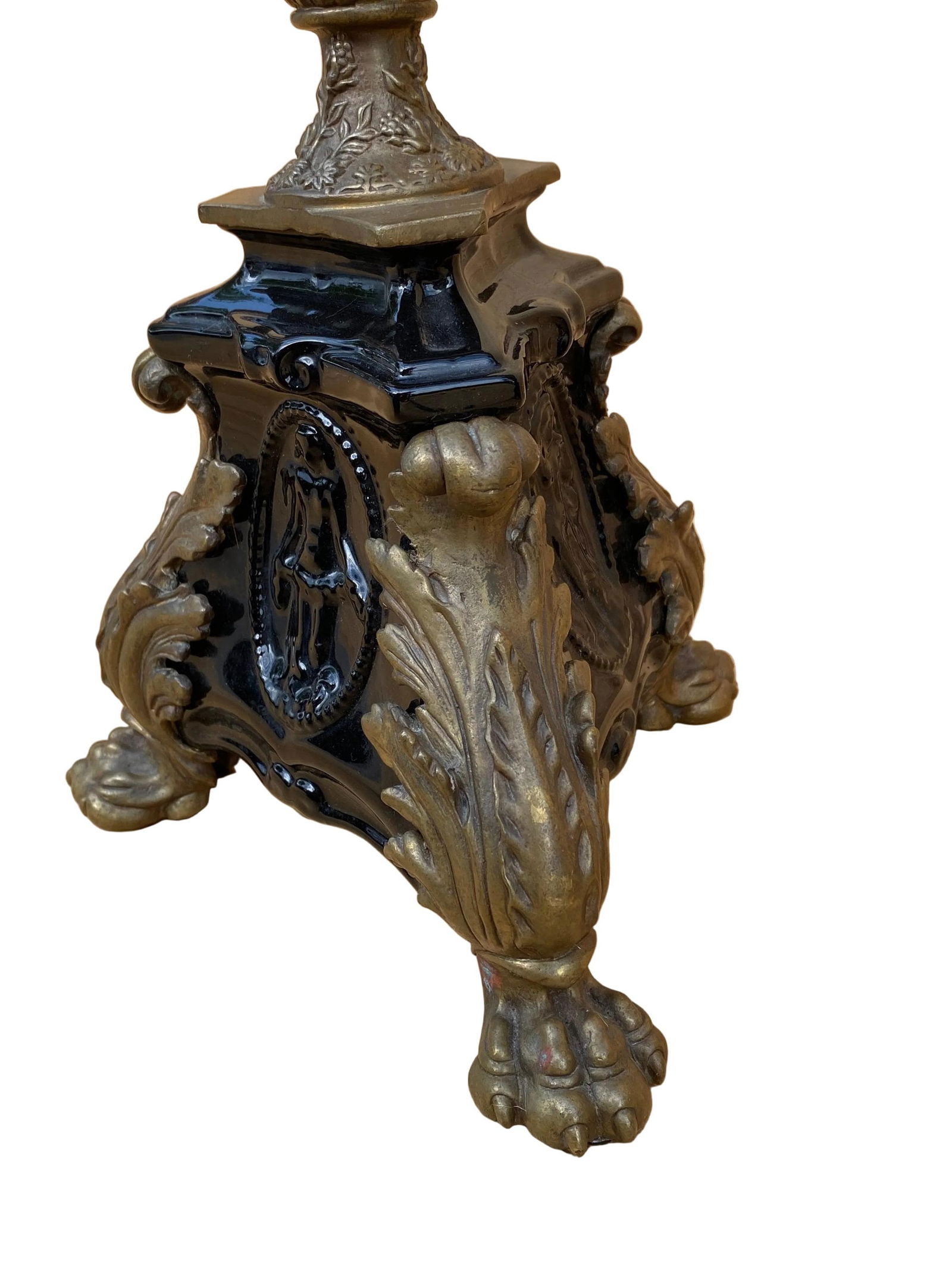 Vintage French Neogothic Altar Torch?re Black Porcelain Candlestick Set - 6