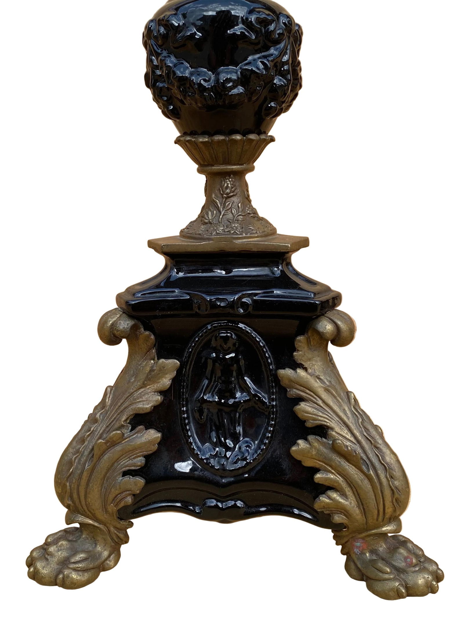 Vintage French Neogothic Altar Torch?re Black Porcelain Candlestick Set - 7