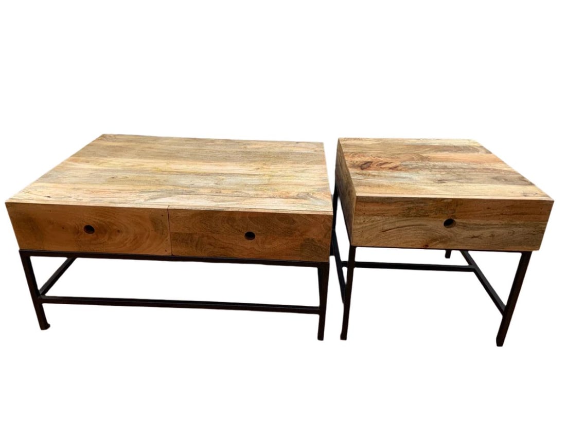 Industrial Rustic Teak and Steel Side and Coffee Table - Set of 2 (1 of 10)