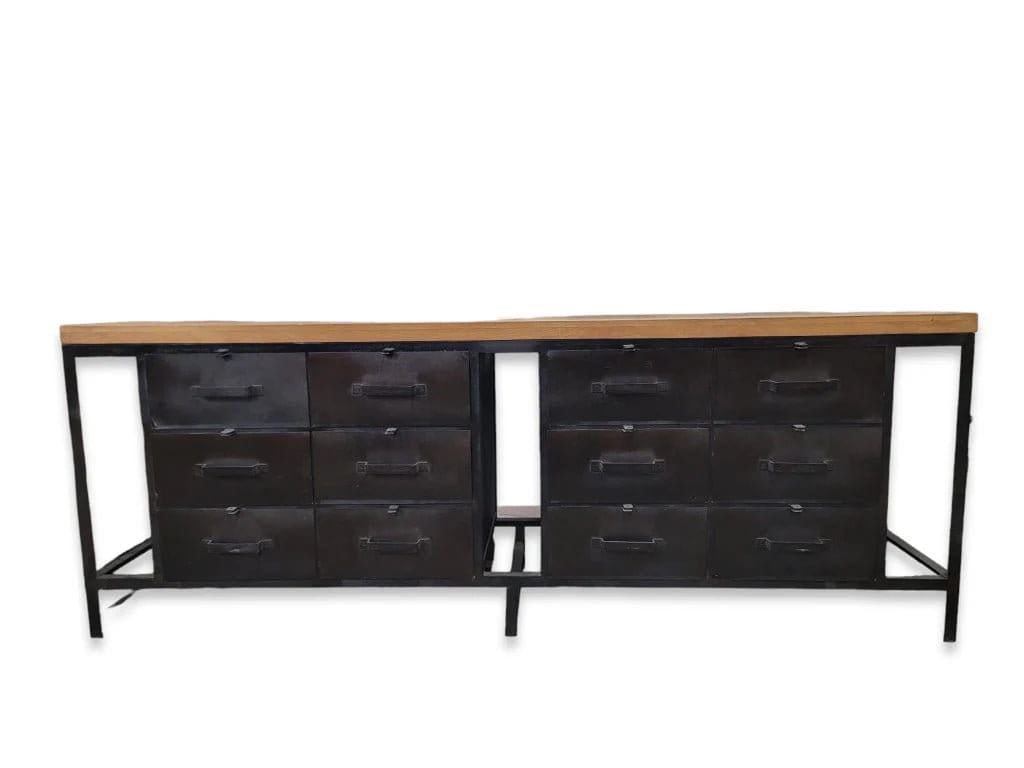 Vintage Industrial Forged Metal Sideboard with Mango Wood Top 12-Metal Drawer: Title: Vintage Industrial Forged Metal Sideboard with Mango Wood Top 12-Metal Drawer Description: Vintage Industrial Forged Metal with Mango Wood Top 12-Metal Drawer SideboardVintage Industrial