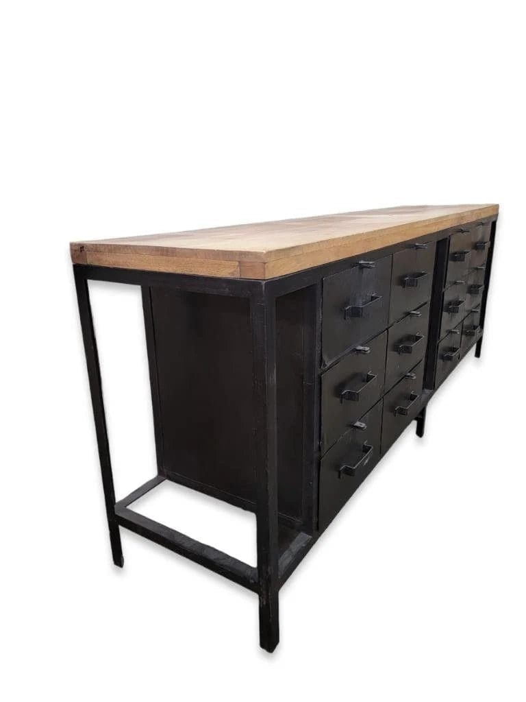 Vintage Industrial Forged Metal Sideboard with Mango Wood Top 12-Metal Drawer - 2