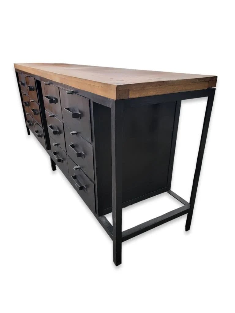 Vintage Industrial Forged Metal Sideboard with Mango Wood Top 12-Metal Drawer - 3