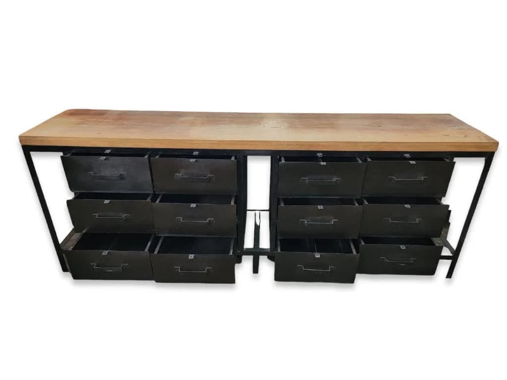 Vintage Industrial Forged Metal Sideboard with Mango Wood Top 12-Metal Drawer - 5