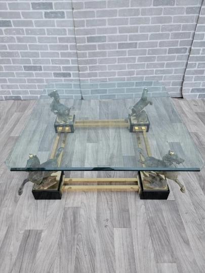 Vintage Maison Charles Flying Horse of Gansu Glass Top Cocktail Table: Title: Vintage Maison Charles Flying Horse of Gansu Glass Top Cocktail Table Description: Vintage Maison Charles Designed Sculptural Flying Horse of Gansu Glass Top Cocktail Table Chinese Bronze