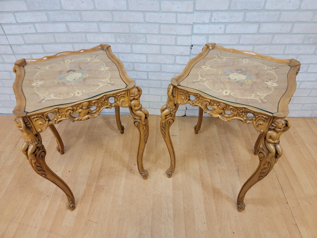 Antique Italian Rococo Cherub Table Set ? Carved Marquetry, 3-Piece - 2