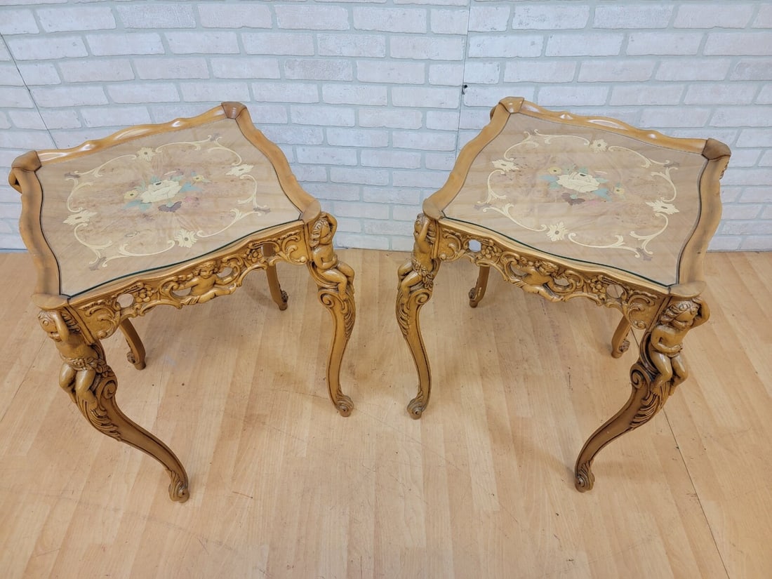 Antique Italian Rococo Cherub Table Set ? Carved Marquetry, 3-Piece - 3