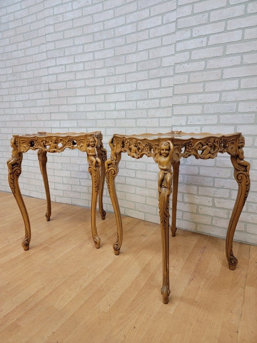 Antique Italian Rococo Cherub Table Set ? Carved Marquetry, 3-Piece - 4