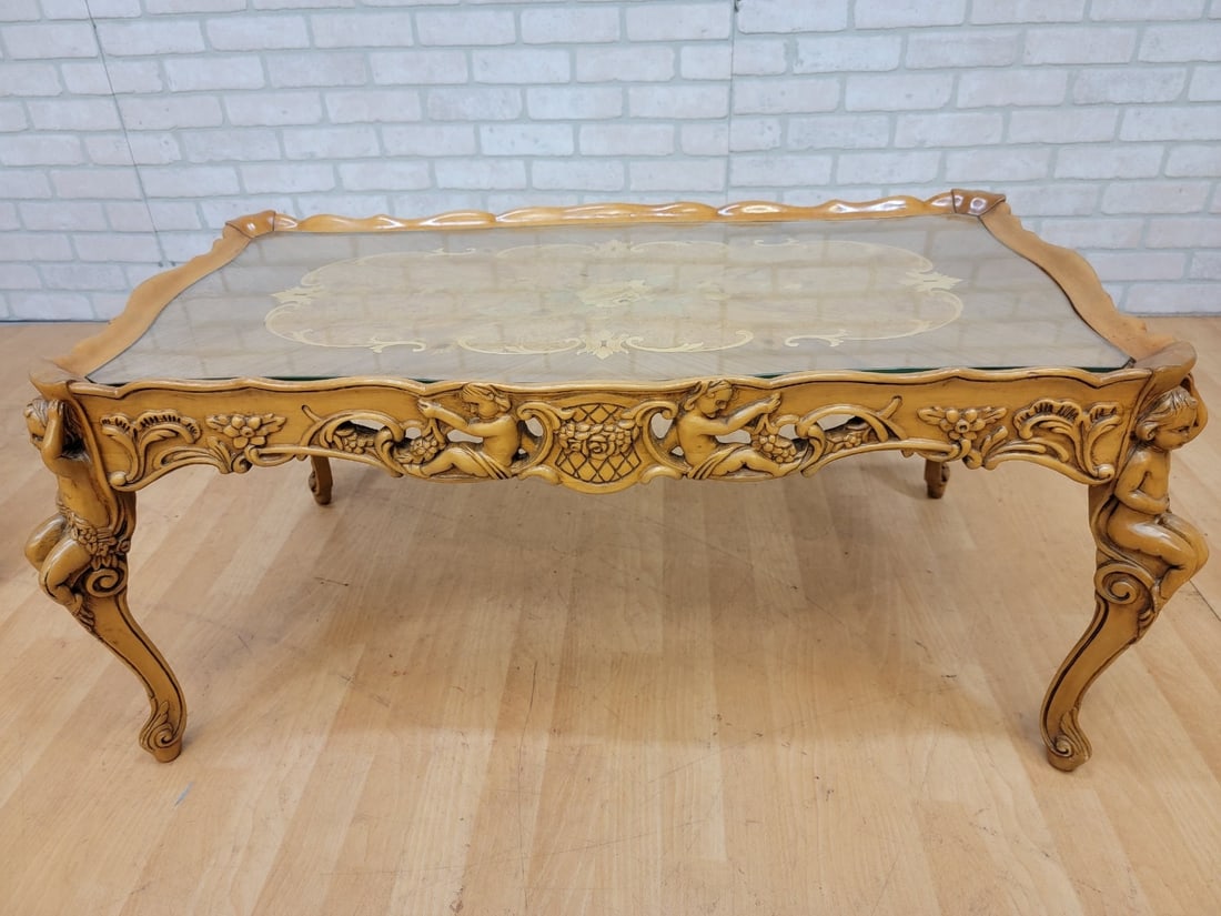 Antique Italian Rococo Cherub Table Set ? Carved Marquetry, 3-Piece - 6