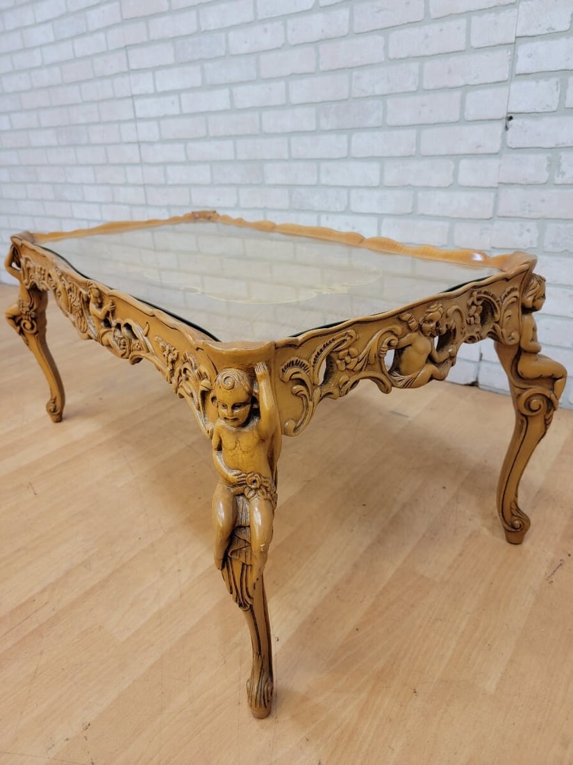 Antique Italian Rococo Cherub Table Set ? Carved Marquetry, 3-Piece - 7