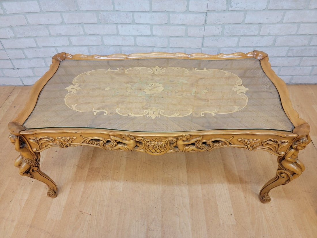 Antique Italian Rococo Cherub Table Set ? Carved Marquetry, 3-Piece - 8