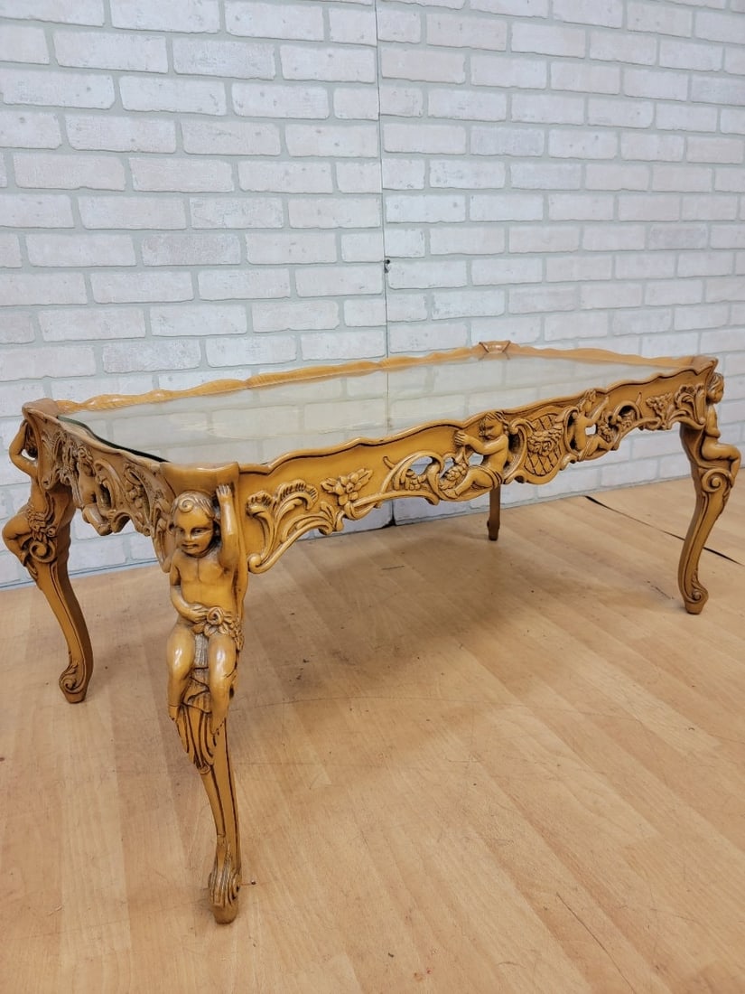 Antique Italian Rococo Cherub Table Set ? Carved Marquetry, 3-Piece - 9