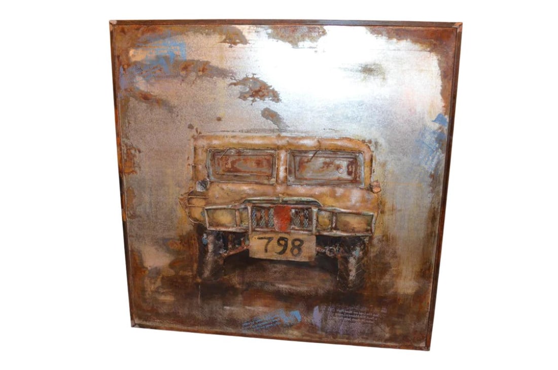 Industrial Handmade Metal 3D Relief Image Hummer Wall Art: Title: Industrial Handmade Metal 3D Relief Image Hummer Wall Art Description: Industrial Handmade Metal 3D Relief Image Hummer Wall Art Decorate your bedroom with a gray armored car driving on a smoke