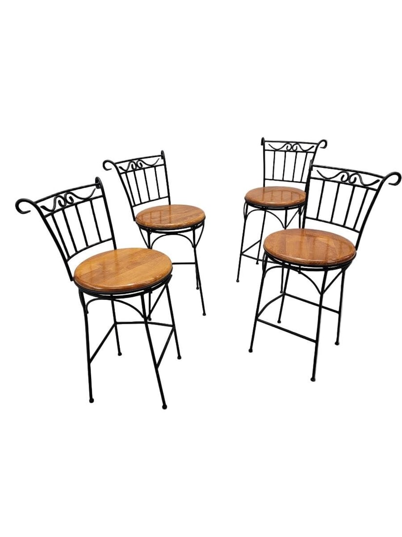 French Country Style Wrought-Iron and Wood Swivel Bar Stools - Set of 4 - 3