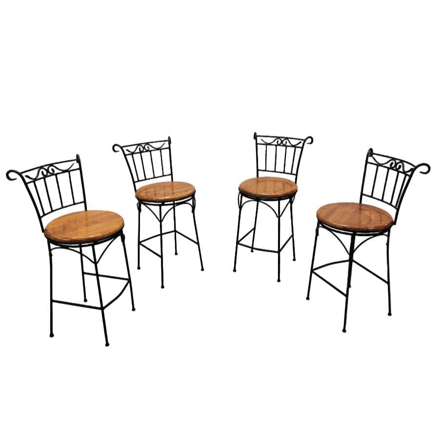 French Country Style Wrought-Iron and Wood Swivel Bar Stools - Set of 4 - 4